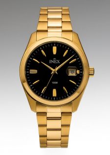 INEX Gold-Tone Stainless Steel Watch with Black Dial and Date Display – 100M Water Resistant