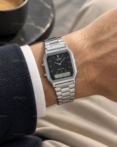 Casio Dual Display Rectangular Steel Black 30mm